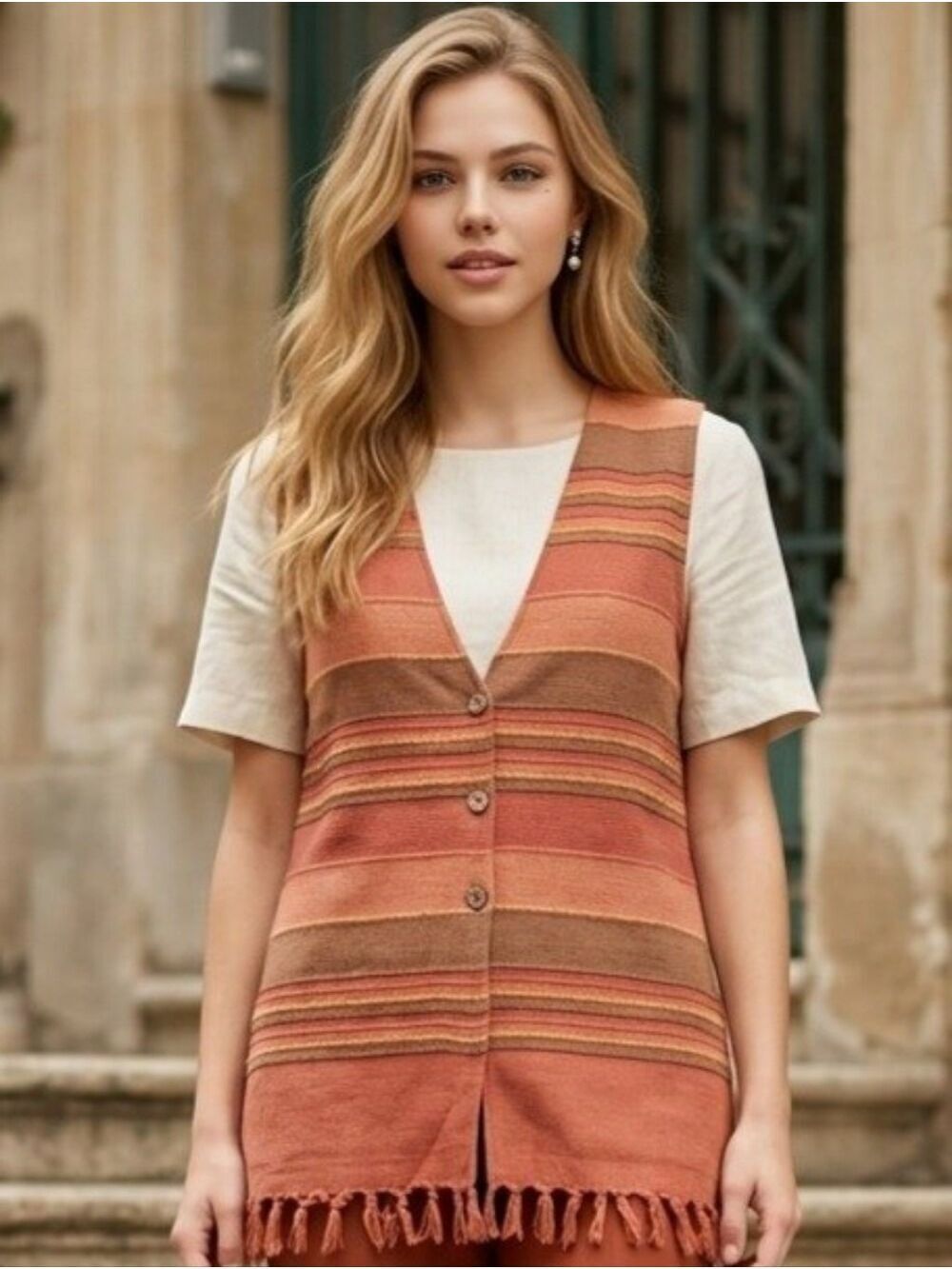 Rust Brown Striped Button Vest Fringe Hem Medium #JAC24
